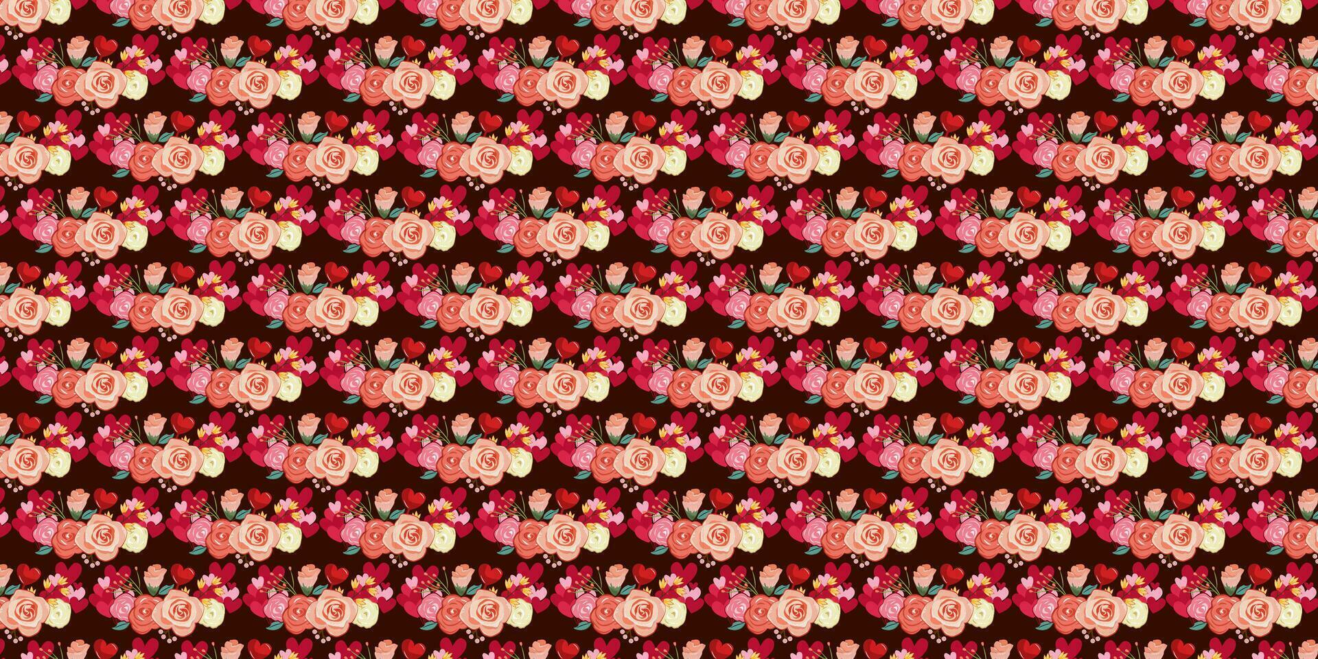 naadloos romantisch patroon met hand- getrokken roos bloemen en harten Aan donker rood achtergrond. klaar sjabloon voor ontwerp, ansichtkaarten, afdrukken, poster, partij, Valentijnsdag dag, wijnoogst textiel. vector