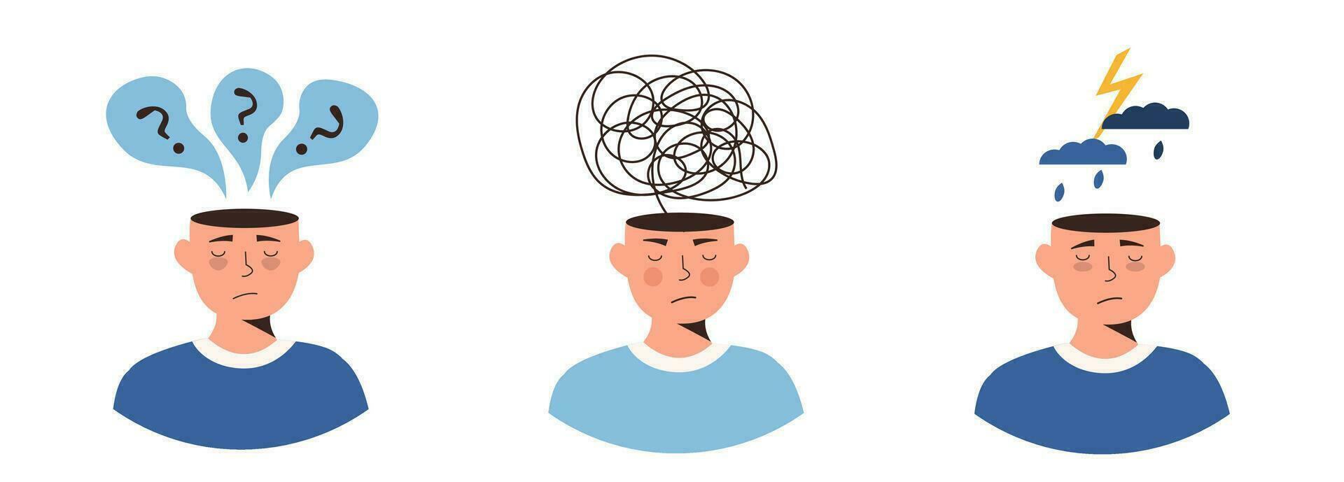 reeks van depressief of gefrustreerd mensen met nerveus probleem. vervormd denken, voelen ongerustheid en verwarring van gedachten. mentaal wanorde concept. chaos in bewustzijn. jongen met ongerustheid vector vlak.