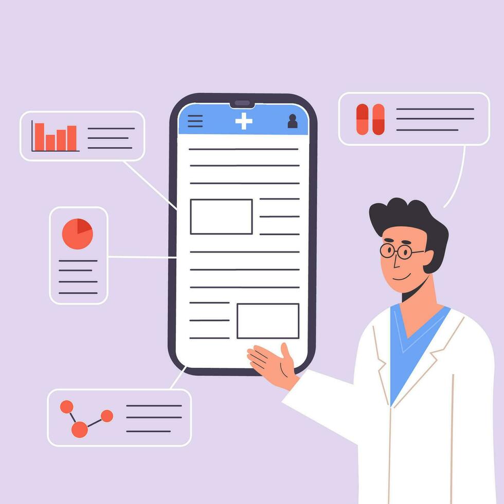 smartphone scherm met mannetje dokter geeft online diagnose. een app met dokter overleg of het advies. medisch wetenschapper praat over pillen en medicatie. vragen dokter. vector illustratie.