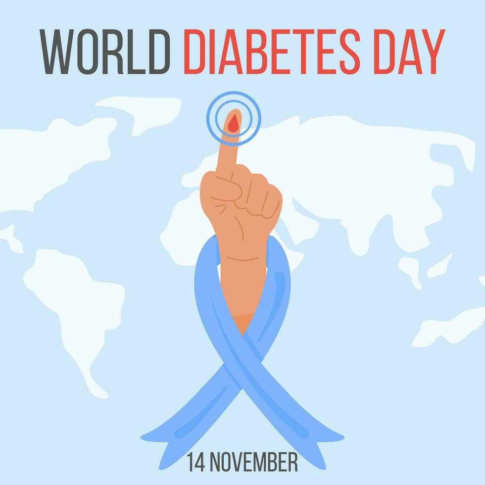 wereld diabetes dag bewustzijn poster met een wereld kaart Aan achtergrond. banier ontwerp met blauw lint en arm met een vinger met bloed druppel. typografie. vector illustratie.