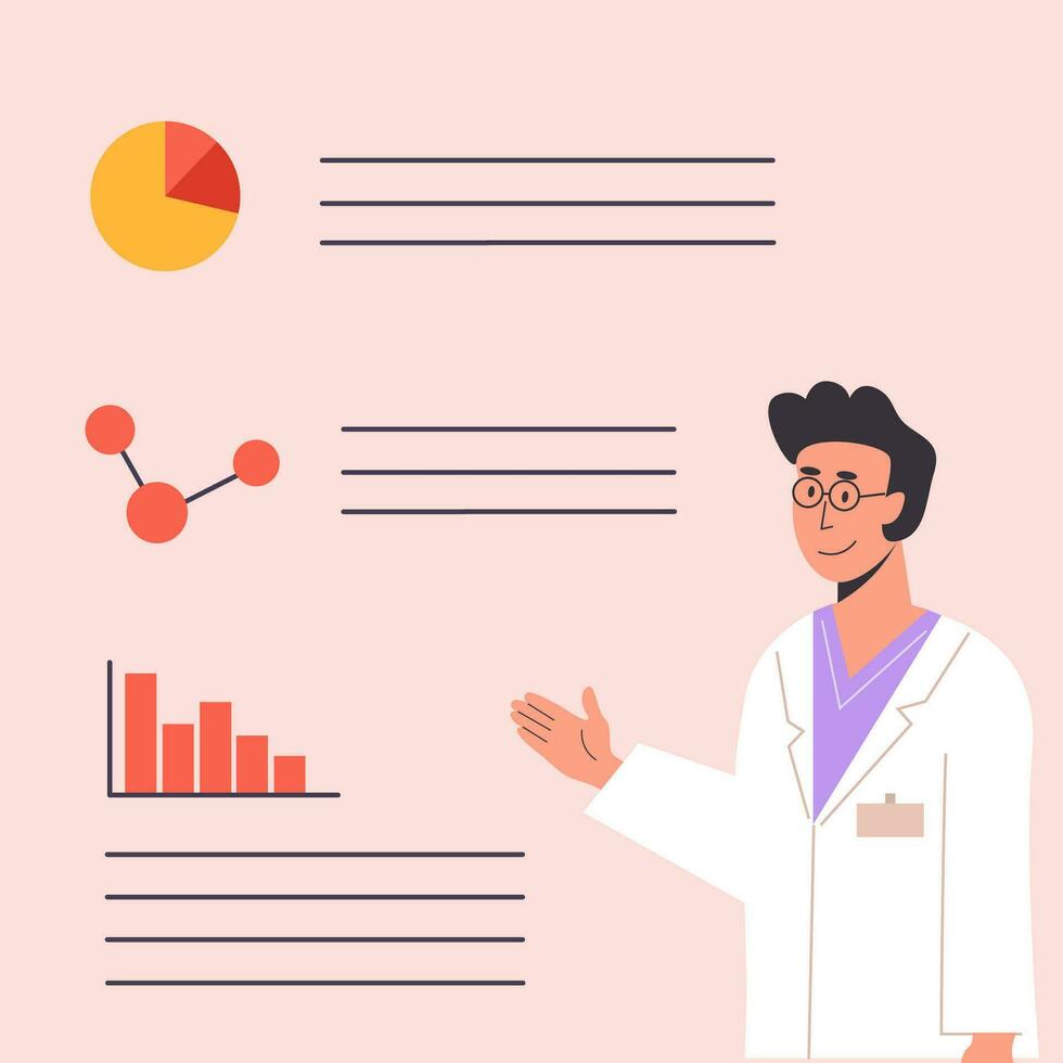 medisch wetenschapper met diagrammen en molecuul. mannetje therapeut in japon geeft diagnose. dokter in wit scrubs legt uit en geeft het advies. vector illustratie.