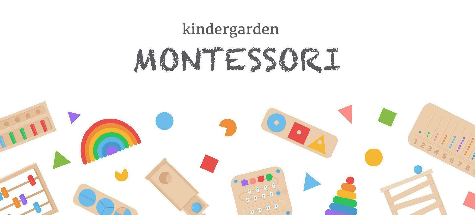 vector banier voor school- of kleuterschool. kinderen houten eco vriendelijk leerzaam speelgoed en bezig borden voor peuter- kinderen. kleurrijk blokken Aan poster voor alternatief onderwijs.