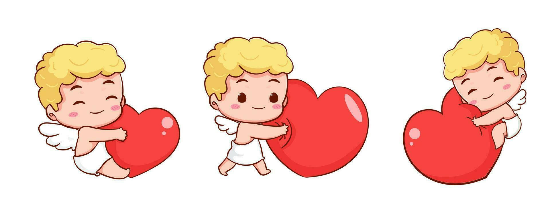 reeks schattig aanbiddelijk Cupido tekenfilm karakter. amur baby's, weinig engelen of god eros. valentijnsdag dag concept ontwerp. aanbiddelijk engel in liefde. kawaii chibi vector karakter. geïsoleerd wit achtergrond.