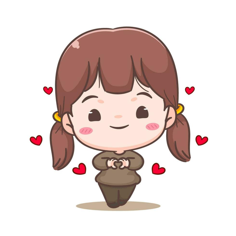 schattig meisje poseren liefde vinger teken tekenfilm karakter. mensen uitdrukking concept ontwerp. aanbiddelijk chibi vector stijl. geïsoleerd wit achtergrond