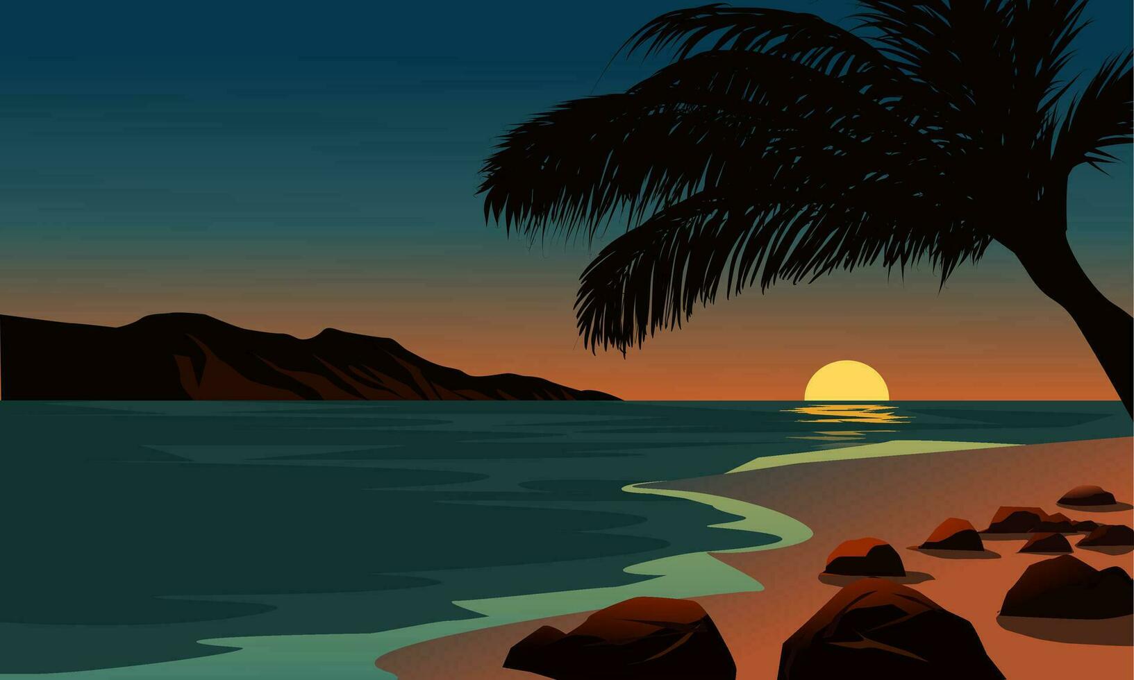 strand zonsondergang landschap met palm boom en rotsen vector