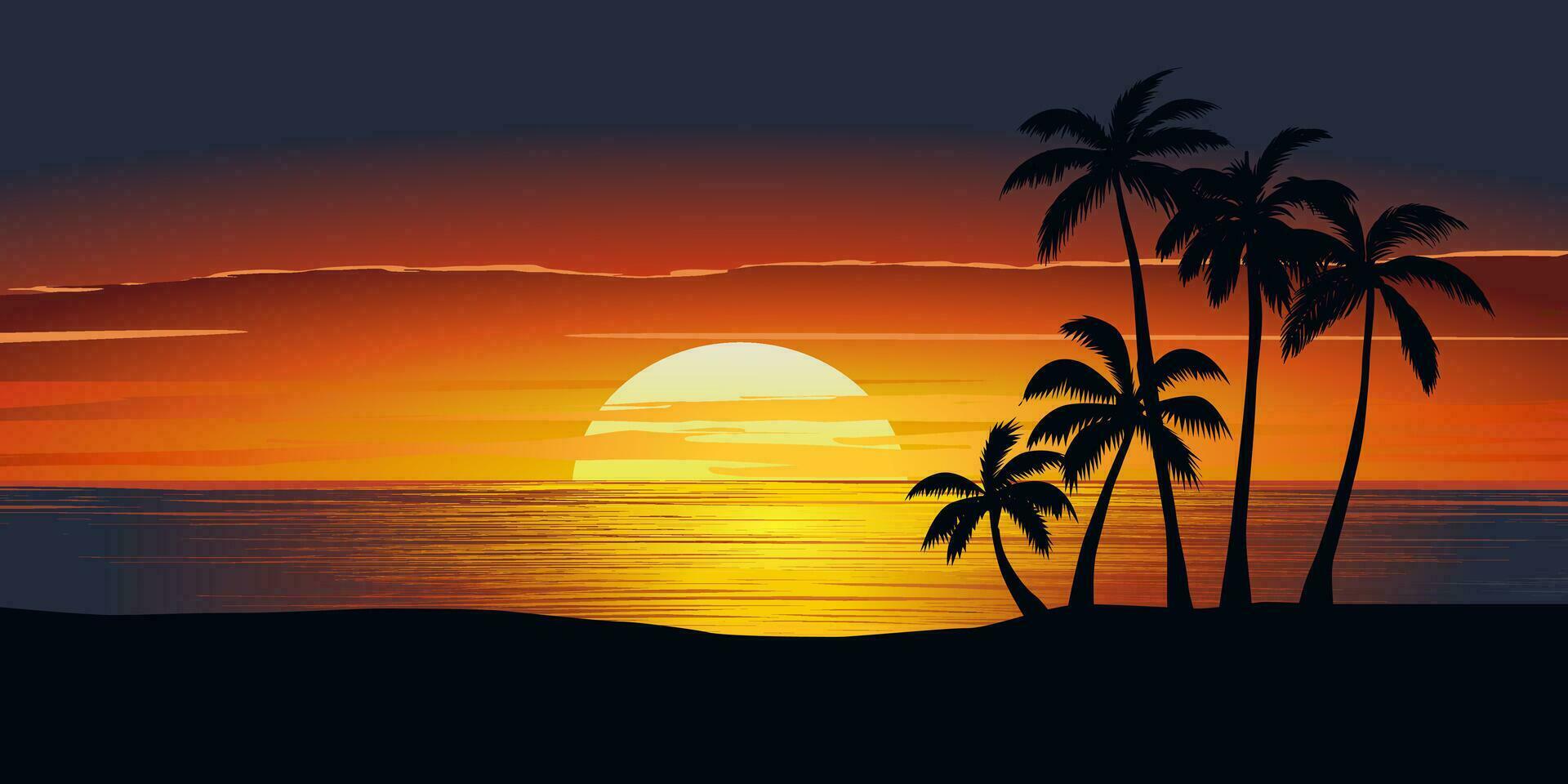 mooi dramatisch zonsondergang in de strand met palm bomen in silhouet vector