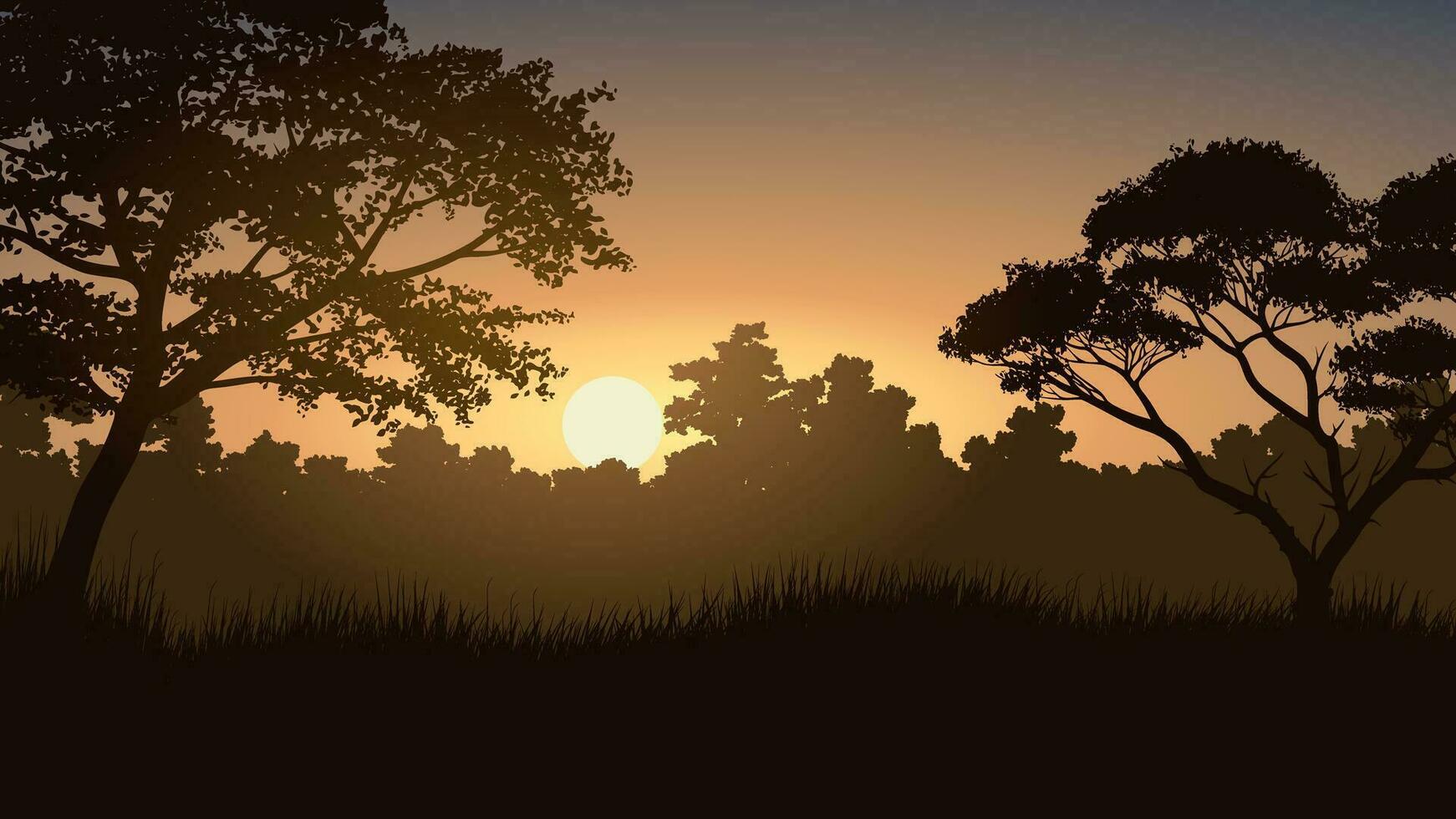 mooi vector Woud zonsopkomst landschap met bomen in silhouet