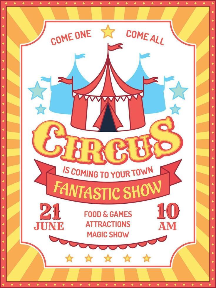 circus poster. pret eerlijk evenement uitnodiging, carnaval optredens Aankondiging, circus tent en advertentie tekst retro banier vector achtergrond