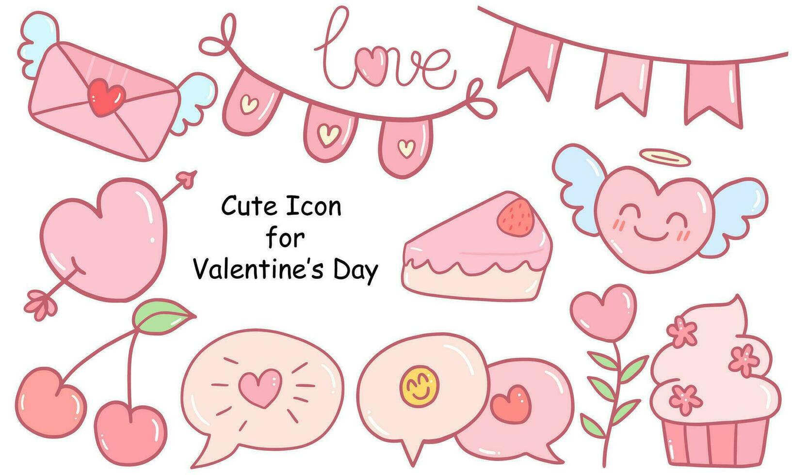 schattig Valentijn icoon set. tekenfilm stijl. roze kleur elementen vector