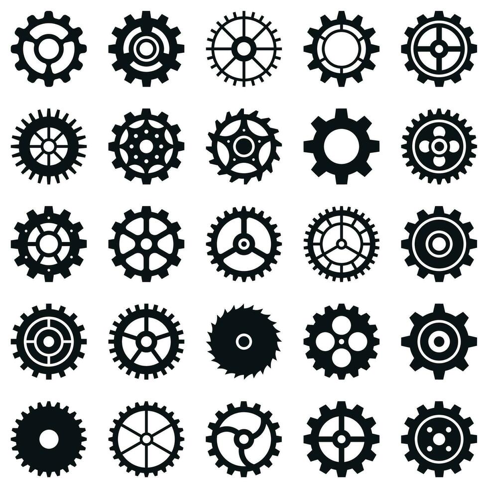 versnellingen. transmissie tand wielen en machine tandwielen, technisch mechanisme, bouwkunde motor, app knop zwart silhouet pictogrammen, vector reeks