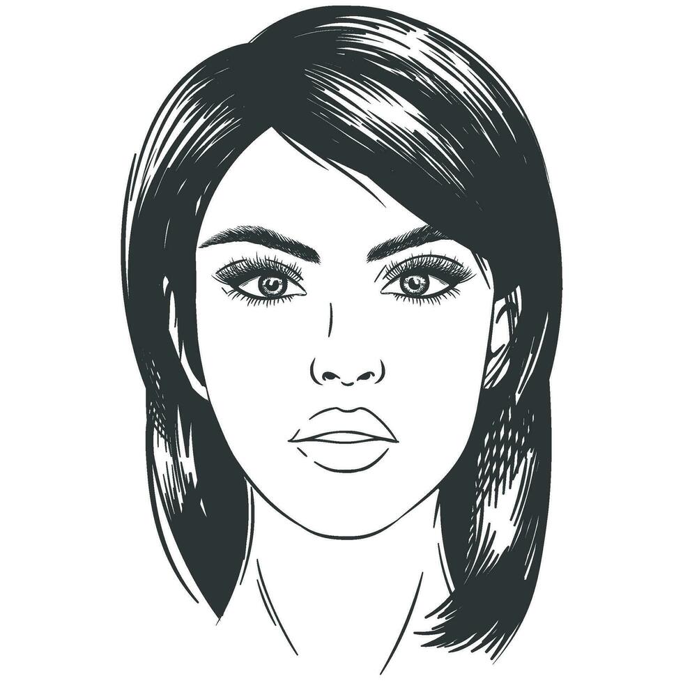 schetsen vrouw gezicht. sexy mooi brunette meisje portret met ogen, jong vrouw aanbeden hoofd monochroom, vector illustratie pop-art