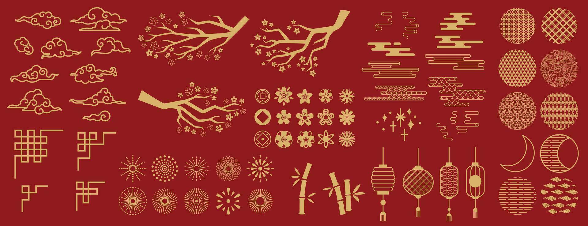Azië elementen. Chinese feestelijk decor goud bloemen patronen en ornament, lantaarns, wolken en maan, bloemen sakura Afdeling oosters vector reeks