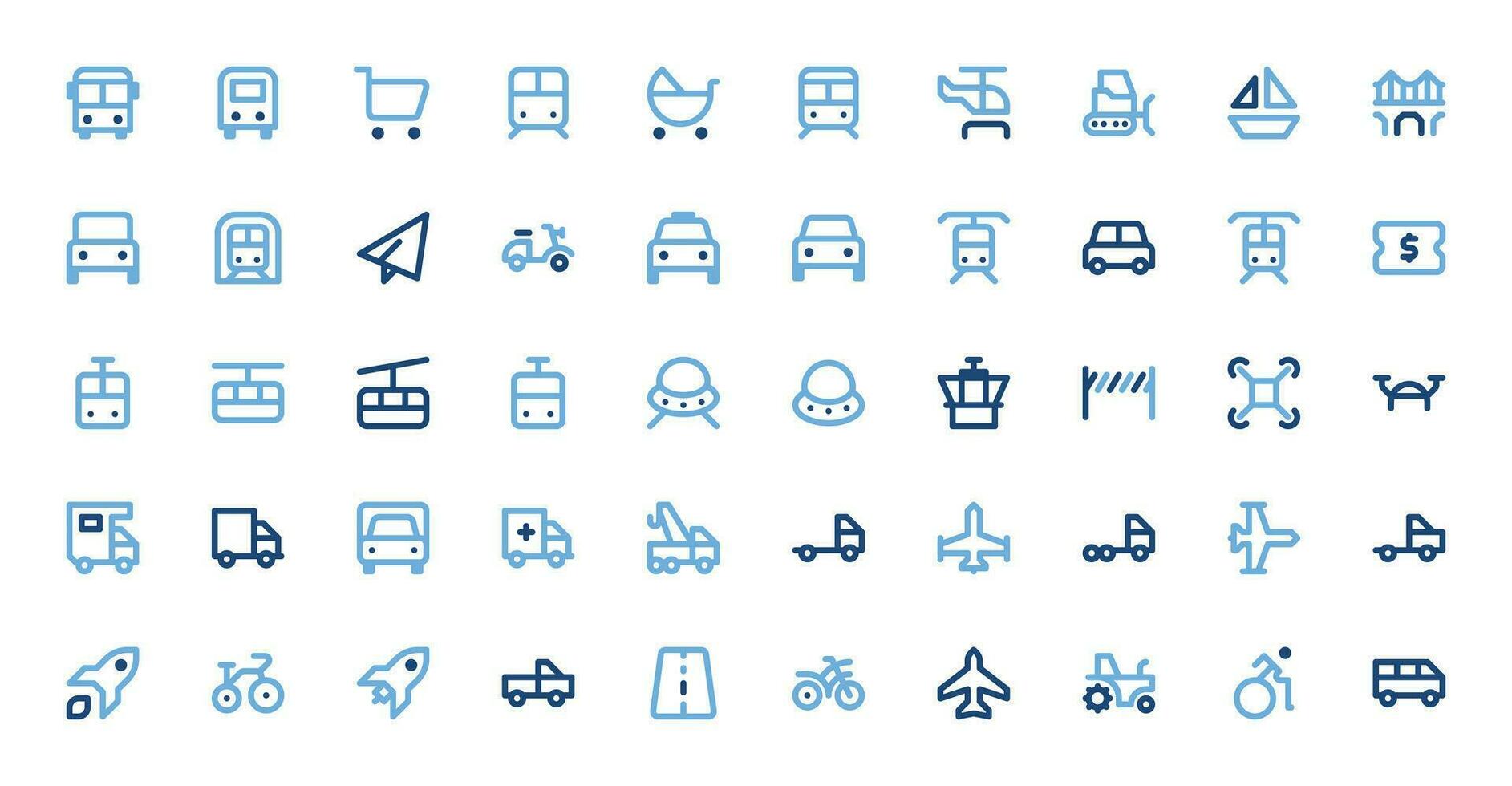 vervoer en reizen pictogrammen reeks - voertuigen, avontuur, reis vector grafiek