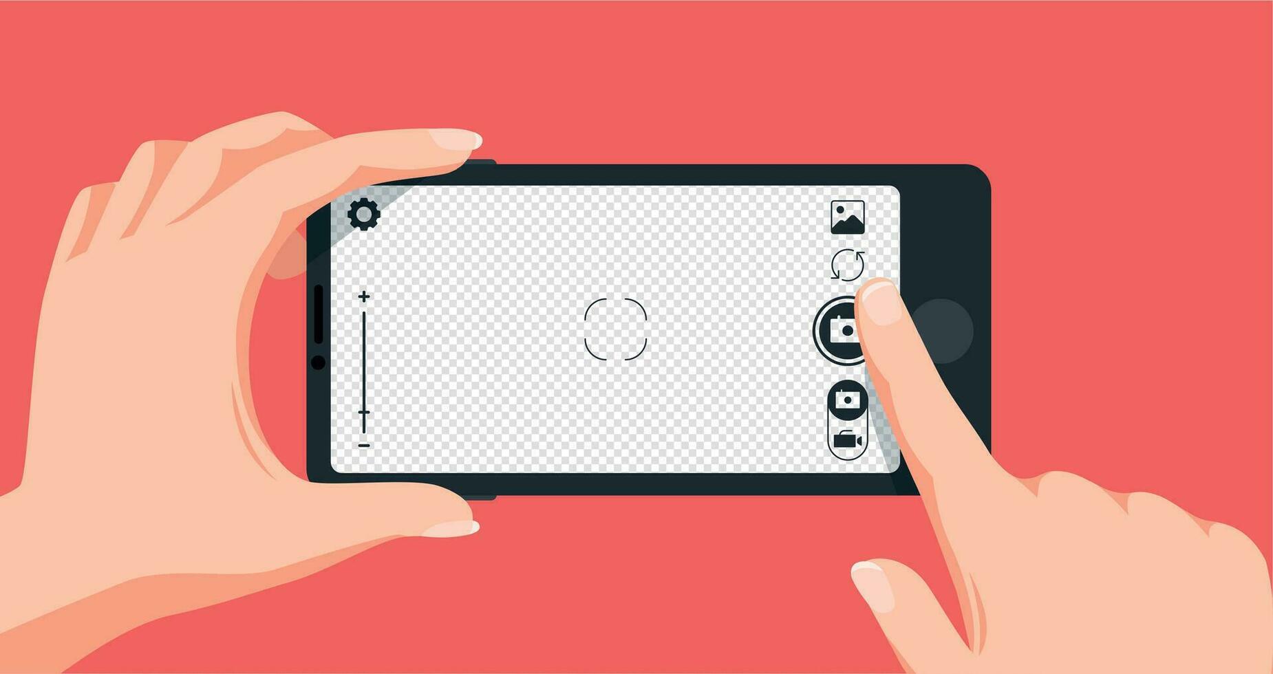 nemen foto met smartphone. vinger aanraken mobiel telefoon scherm naar maken afbeelding. drukken camera knop. vector