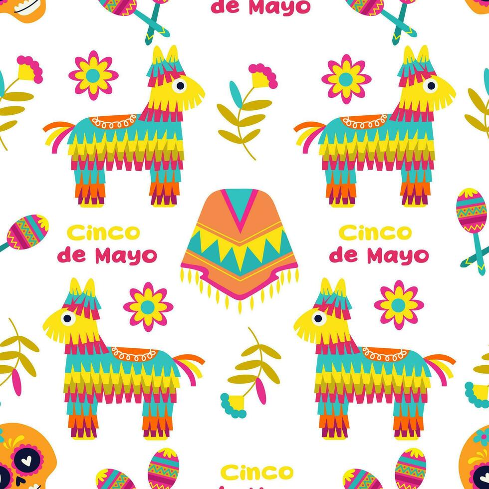 Mexicaans tekenfilm ontwerp met piñata, maracas en poncho. vector naadloos patroon. cinco de mayo patroon herhalen achtergrond. wit achtergrond.