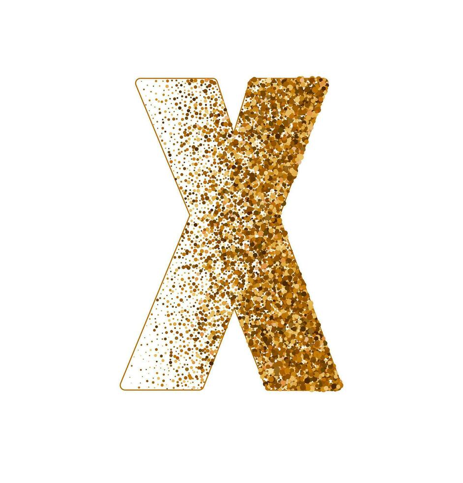 brief X van Latijns alfabet versierd met zand effect stippel structuur vector illustratie, ronde confetti dots grunge patroon, gespikkeld chaotisch deeltjes, meetkundig afbeelding, gouden chaotisch dots abc