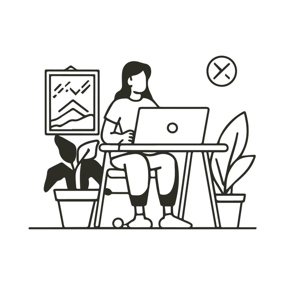 freelancer werken Aan laptop Bij huis in doorlopend lijn tekening vector