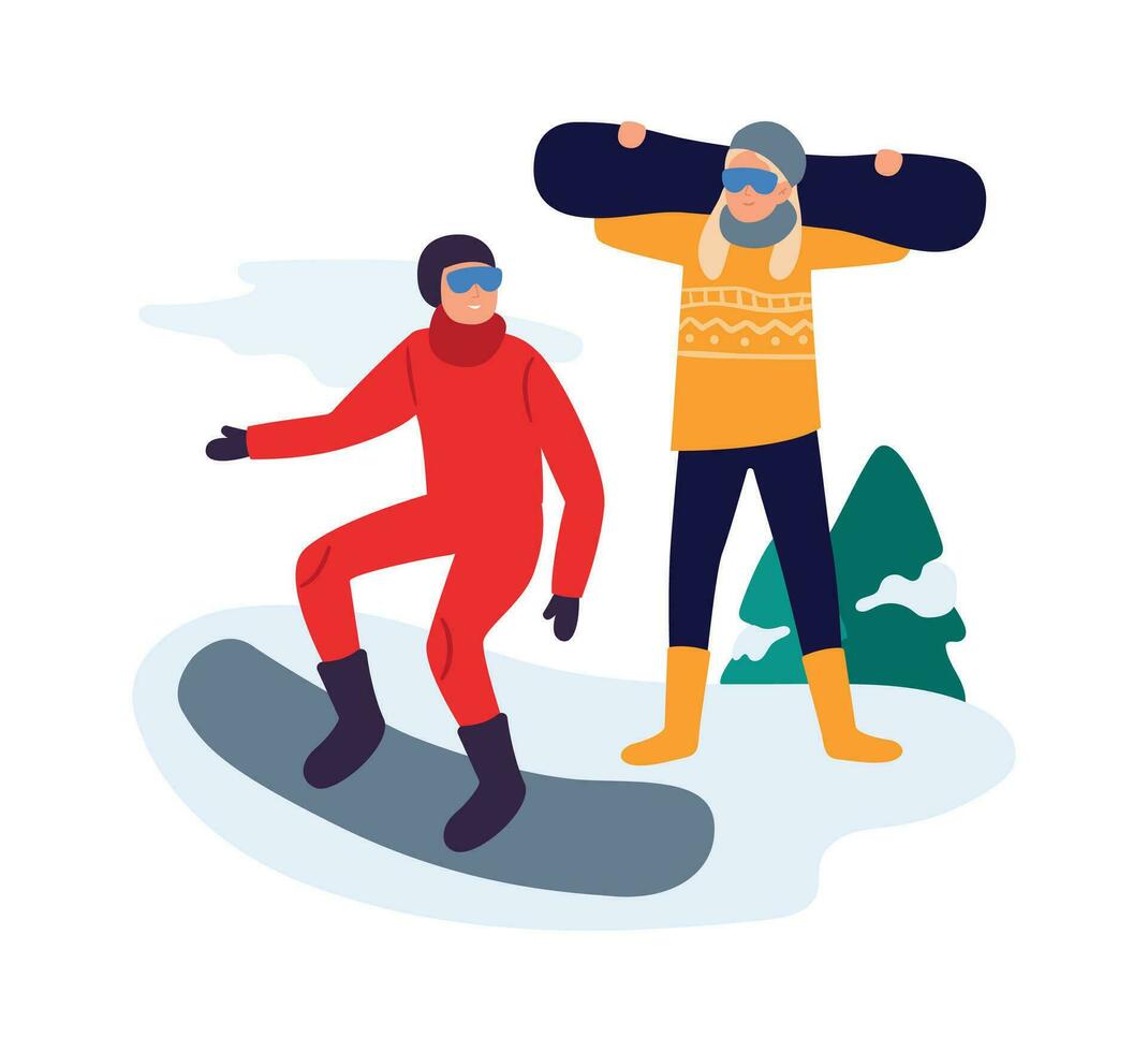 winter activiteiten. vrienden met snowboard hebben actief vrije tijd. paar leidend gezond levensstijl, aan het doen sport vector