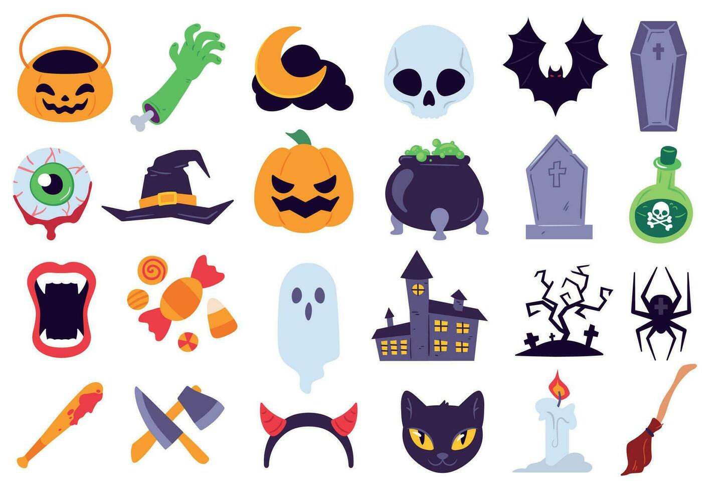 halloween pictogrammen. vakantie symbolen, maan en spin, pompoen, geest en knuppel. snoep, schedel en grafsteen, kaars, bezem vlak vector se