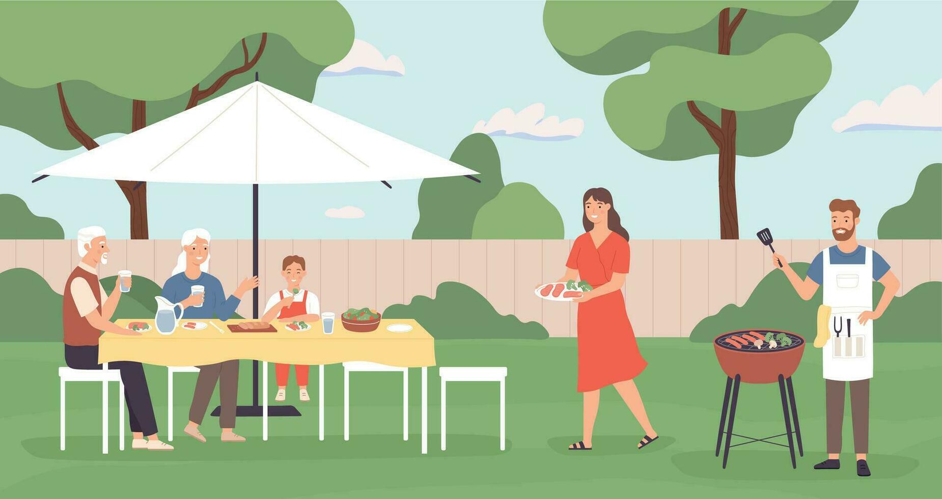 mensen Bij barbecue. gelukkig familie, vrienden uitgeven tijd in achtertuin huis picknick, Koken rooster en praten, vrije tijd buitenshuis vector concept