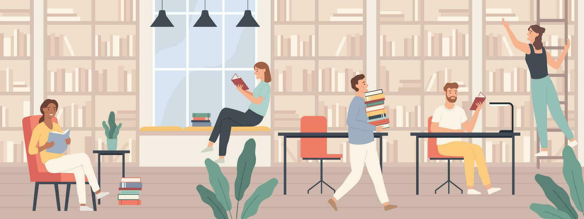 mensen in bibliotheek. mannen en Dames lezen boek, studenten studie met boeken en gadgets in openbaar bibliotheek interieur vector concept