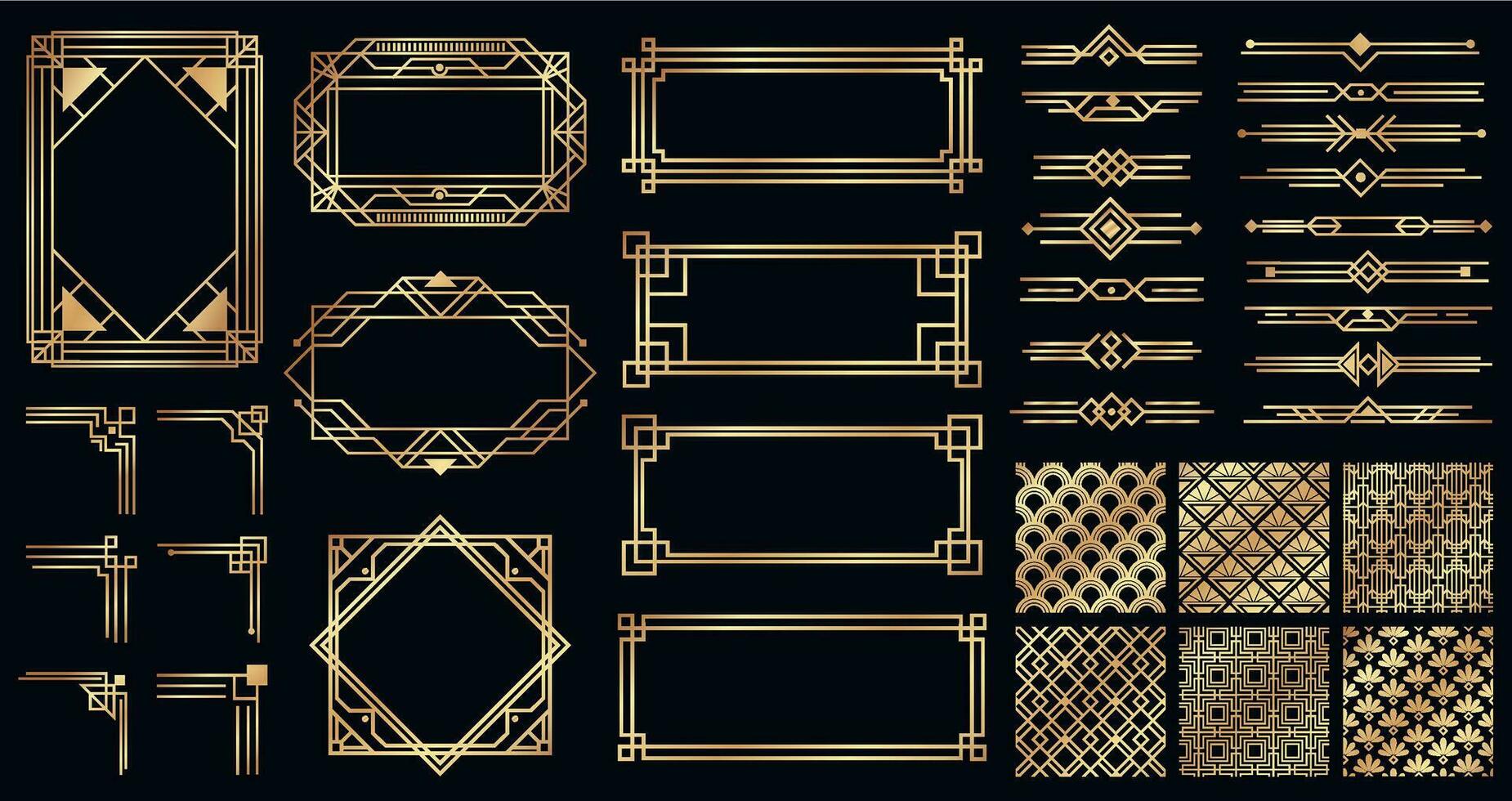 kunst deco elementen set. creatief gouden borders en kozijnen. verdelers en kopteksten voor luxe of premie ontwerp vector