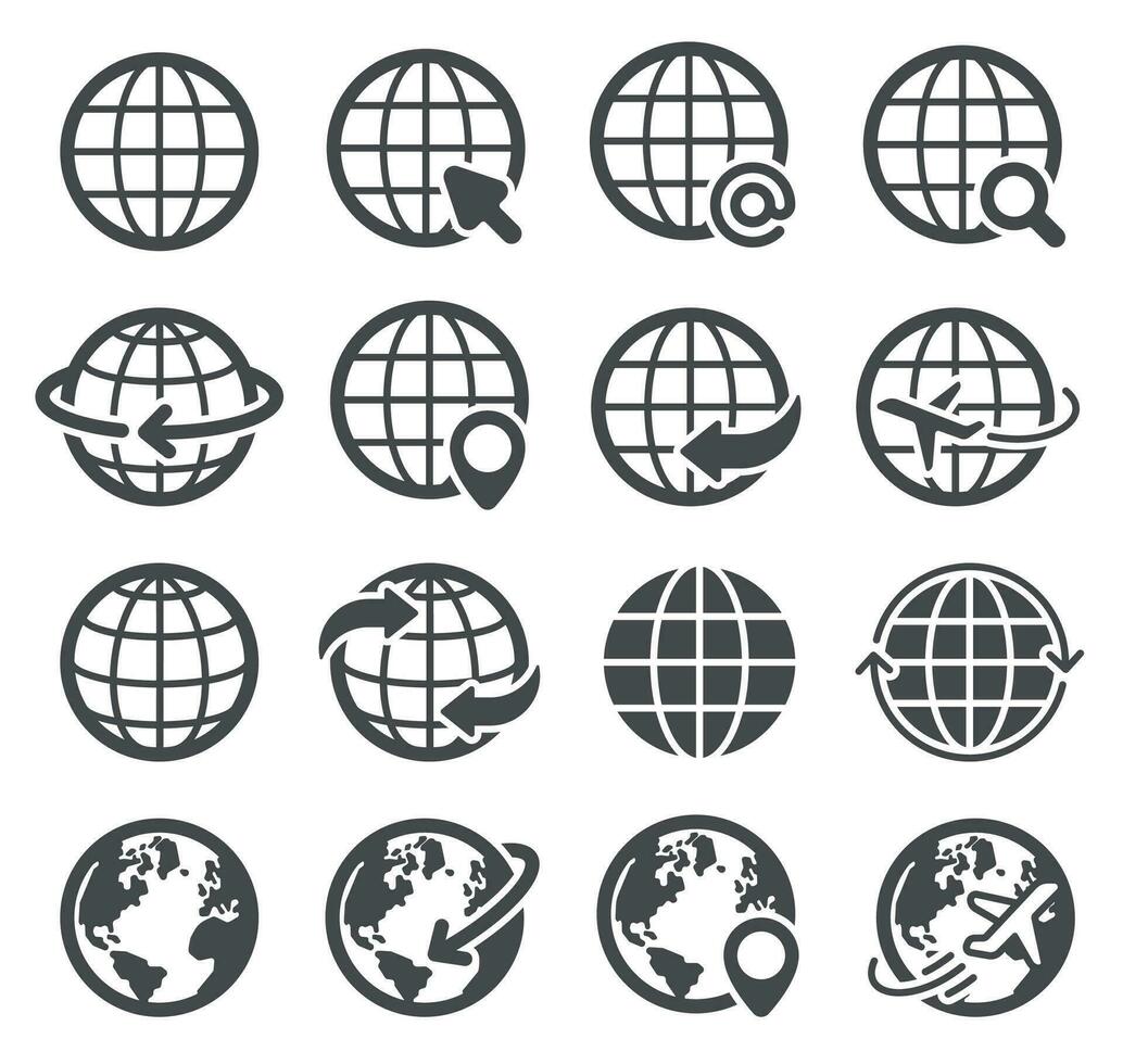 wereldbol pictogrammen set. wereld aarde, wereldwijd kaart continenten bolvormig planeet, internet globaal communicatie pictogrammen, aardrijkskunde vector symbolen