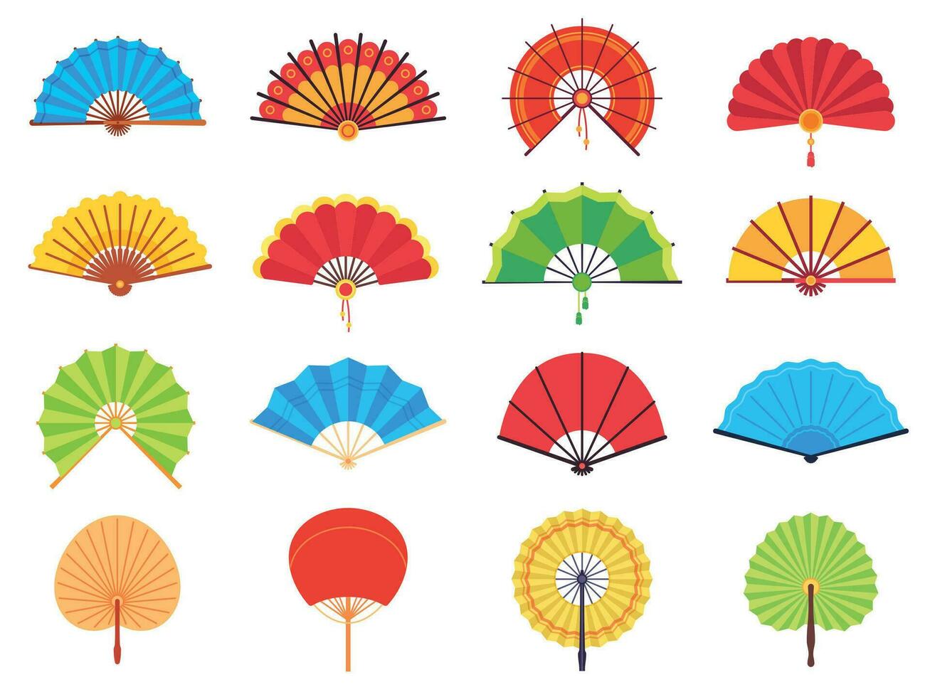 handheld fan. Chinese of Japans papier oude traditioneel fans, persoonlijk accessoires en souvenirs vlak vector reeks