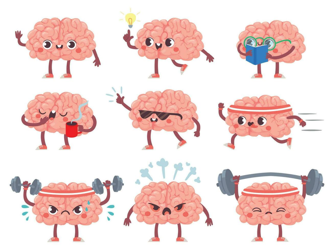 hersenen karakters. gelukkig hersenen in verschillend poses en emoties, mentaal oefening, onderwijs metafoor creatief mascotte pictogrammen tekenfilm vector reeks