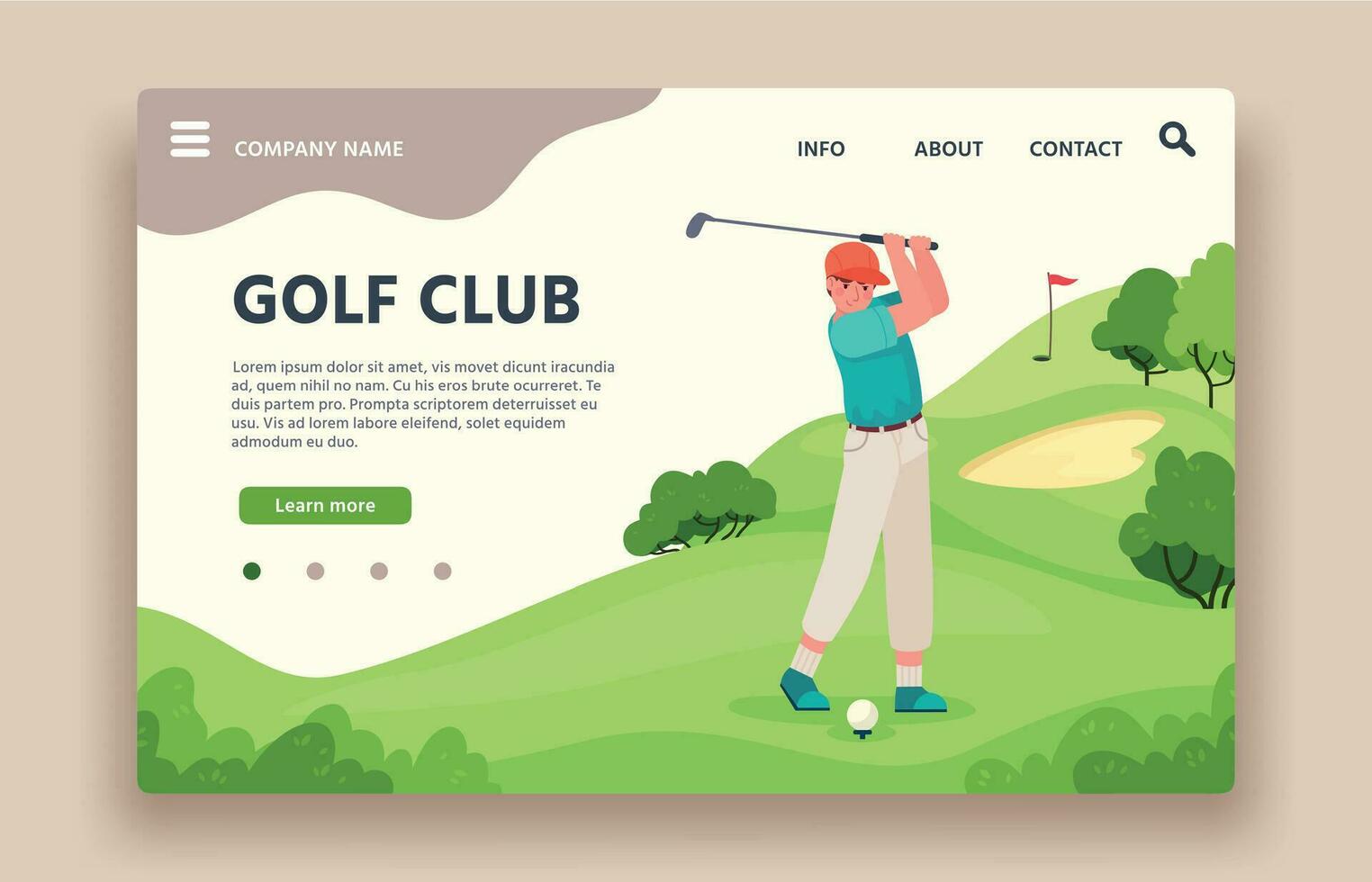 golf club web plaats. sport- club met groen Speel veld, gaten met vlaggenstokken, zand vallen, golf kar, golfen school- landen vector bladzijde