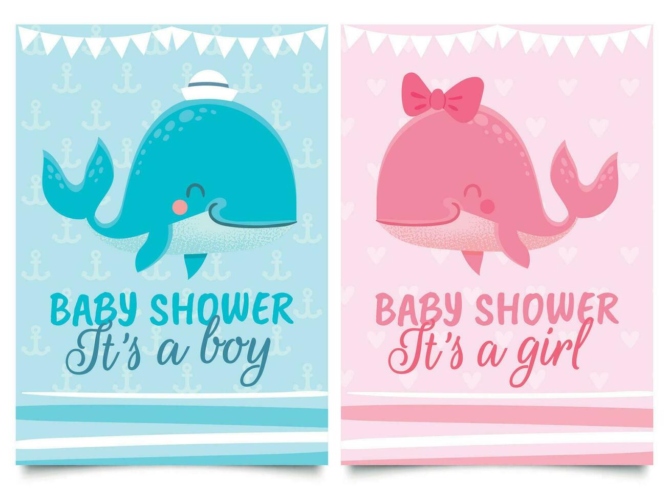 baby douche kaart. baby's geboorte uitnodiging kaarten met schattig roze en blauw walvissen en tekst, Welkom partij flyers vector sjabloon.