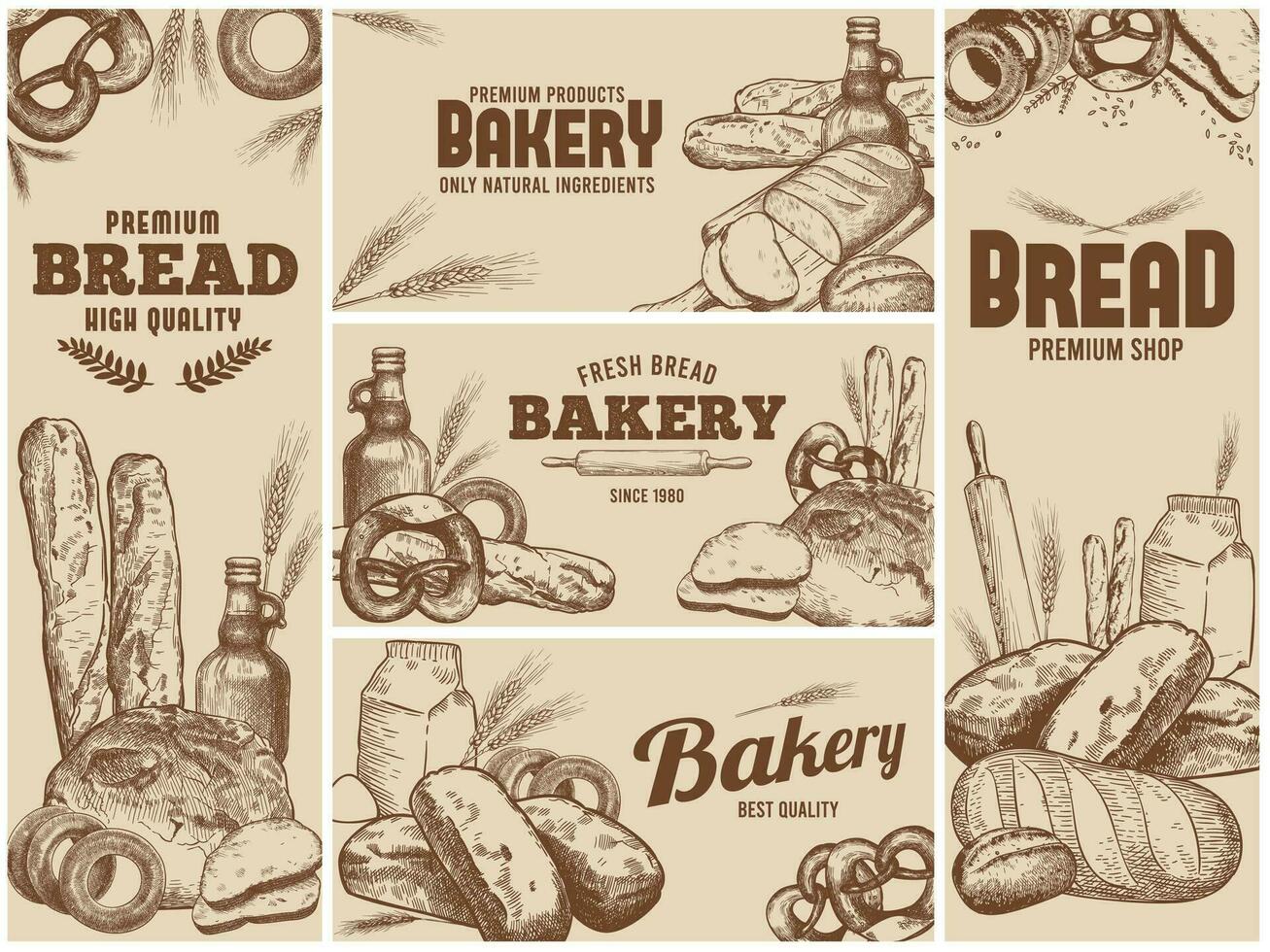 bakkerij spandoek. hand- getrokken vers brood, natuurlijk bakken ingrediënten en schetsen bakkerij producten vector illustratie set.