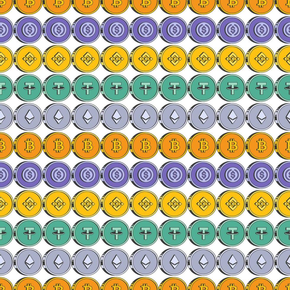 naadloos patroon over digitaal valuta met bitcoin, etherische, binnantie, ketting en Amerikaanse Dollar munt munten. vector illustratie in retro stijl