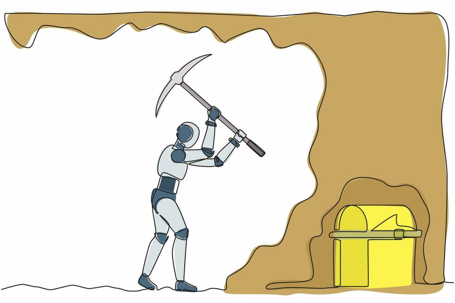 enkele één lijntekening robot graaft met houweel op zoek naar verborgen schatten. toekomstige technologie. kunstmatige intelligentie machine learning. doorlopende lijn tekenen ontwerp grafische vectorillustratie vector