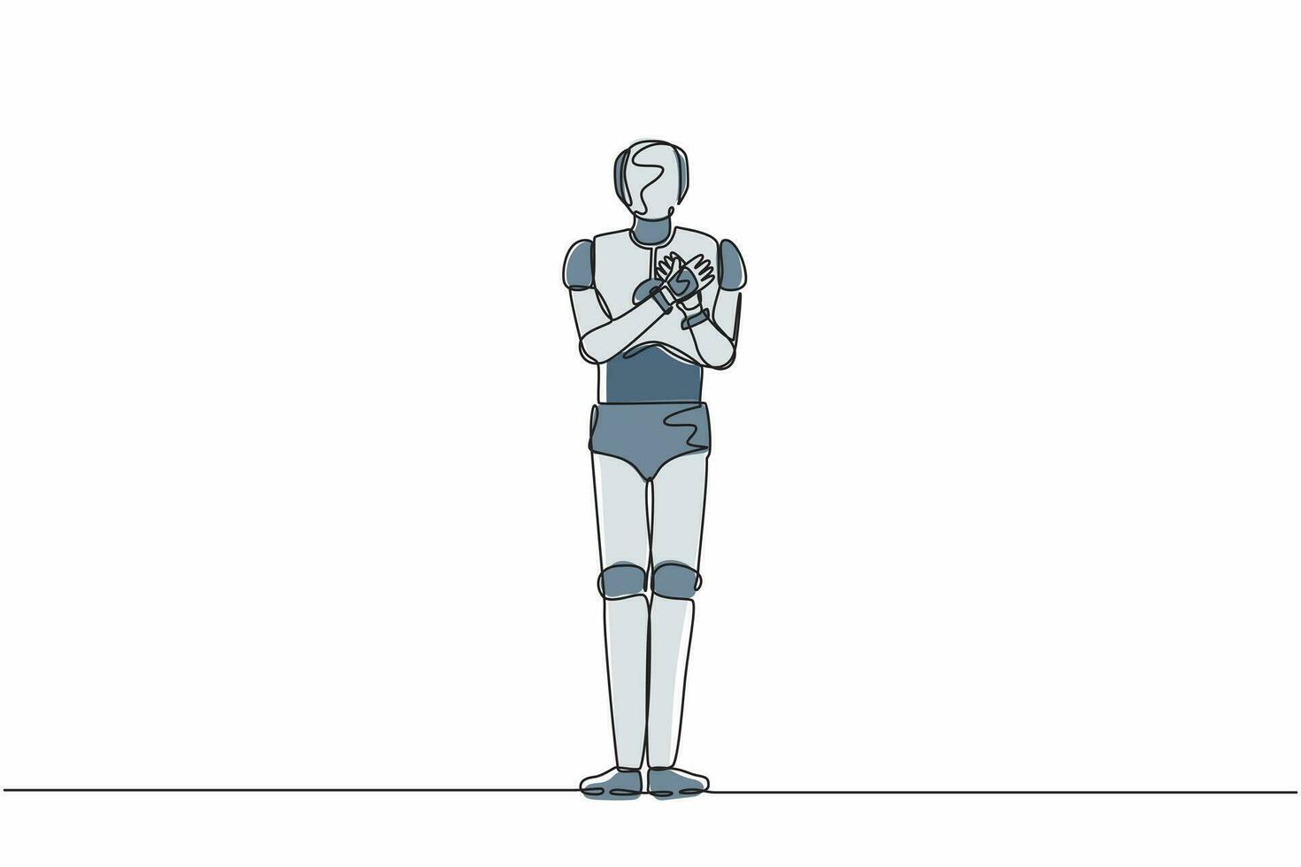 enkele doorlopende lijntekeningrobot die de handen op de borst houdt. robot die lijdt aan pijn op de borst of een hartaanval. robot kunstmatige intelligentie. dynamische één lijn trekken grafisch ontwerp vectorillustratie vector