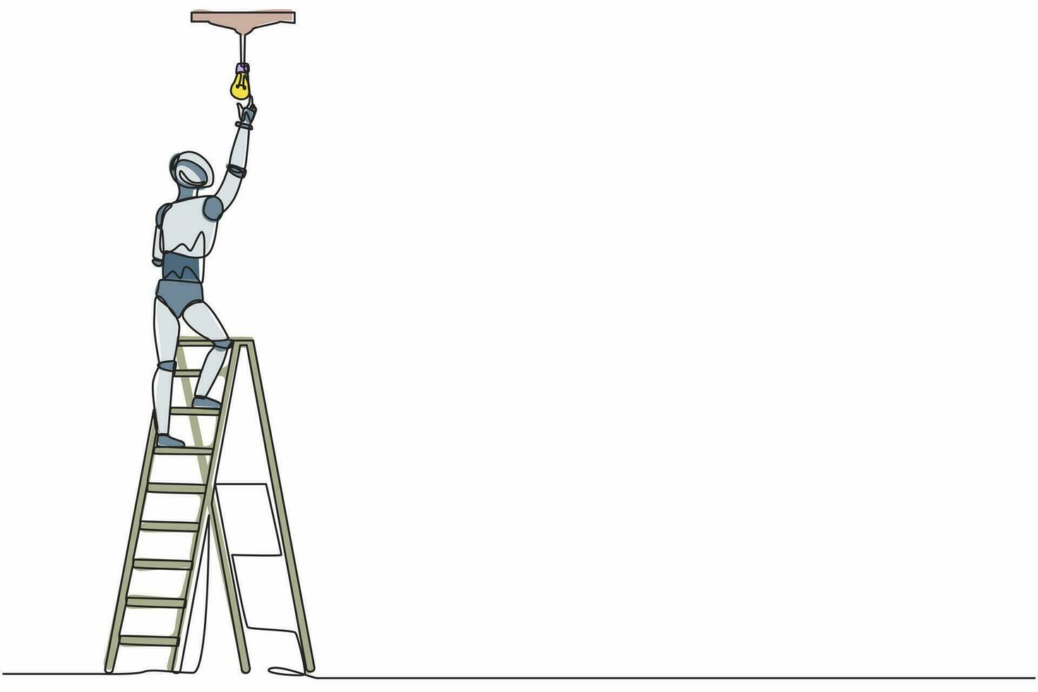 enkele een lijntekening robot werknemer elektricien op ladder verandering gloeilamp. toekomstige technologische ontwikkeling. kunstmatige intelligentie machine learning. doorlopende lijn tekenen ontwerp vectorillustratie vector