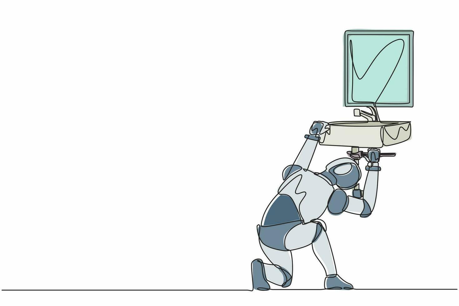 enkele doorlopende lijntekening robot loodgieter werknemer reparatie wastafel in badkamer en sanitaire leidingen. robot kunstmatige intelligentie. elektronische technologie. een lijn tekenen grafisch ontwerp vectorillustratie vector