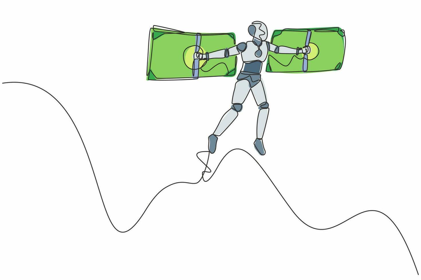 enkele één lijntekening robot die op geldvleugels vliegt. financiële vrijheid. toekomstige technologische ontwikkeling. kunstmatige intelligentie en machine learning. ononderbroken lijn ontwerp grafische vectorillustratie vector