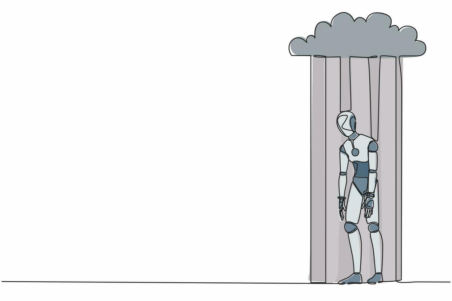 enkele doorlopende lijntekening ongelukkig depressief trieste robot in stress wandelen onder regenwolk. robot kunstmatige intelligentie. elektronische technologie. een lijn tekenen grafisch ontwerp vectorillustratie vector