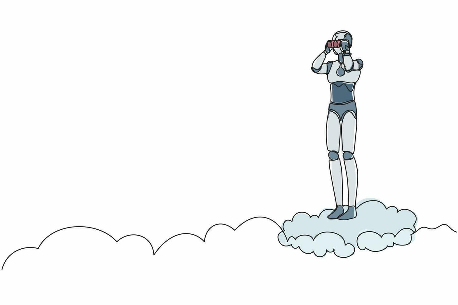 enkele één lijntekening robot op wolk met verrekijker om te zoeken naar zakelijke visionair. toekomstige technologische ontwikkeling. kunstmatige intelligentie. ononderbroken lijn ontwerp grafische vectorillustratie vector