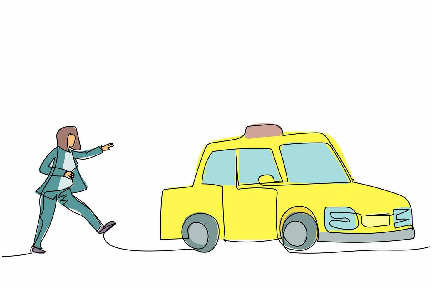 continu een lijntekening zakenvrouw rennen achtervolging proberen taxi te vangen. haast je om een auto te halen, een geel openbaar personenvoertuig. zakelijke metafoor. enkele lijn tekenen ontwerp vectorillustratie vector