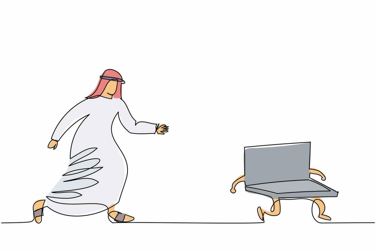enkele een lijntekening Arabische zakenman die laptop achtervolgt. werknemer die op kantoor werkt met deadlines en taken die voortdurend worden nagestreefd. ononderbroken lijn ontwerp grafische vectorillustratie vector