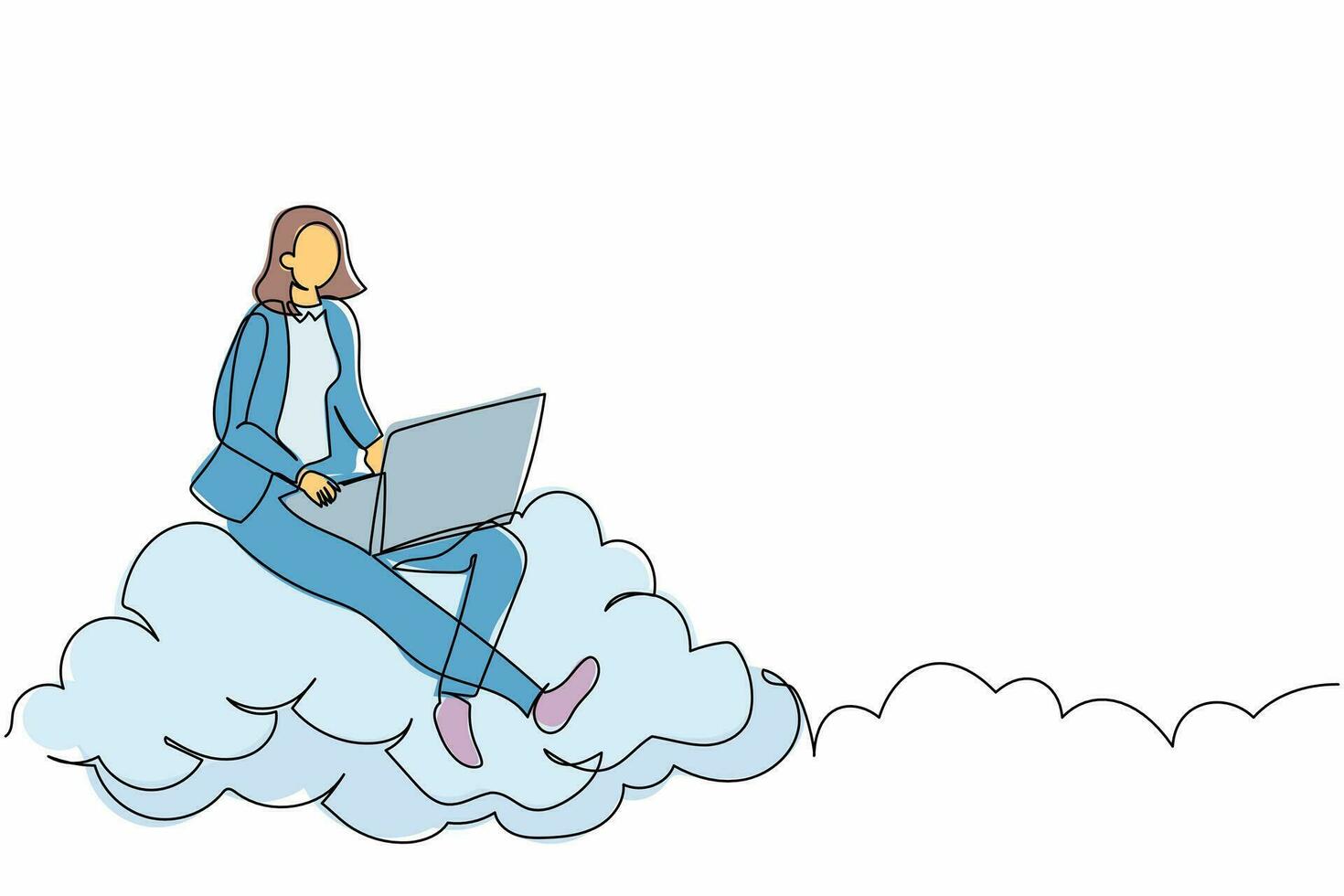 enkele doorlopende lijntekening zakenvrouw zittend op een wolk in de lucht. werken met laptop. draadloze verbinding. sociale netwerken met behulp van cloudopslag. een lijn tekenen grafisch ontwerp vectorillustratie vector
