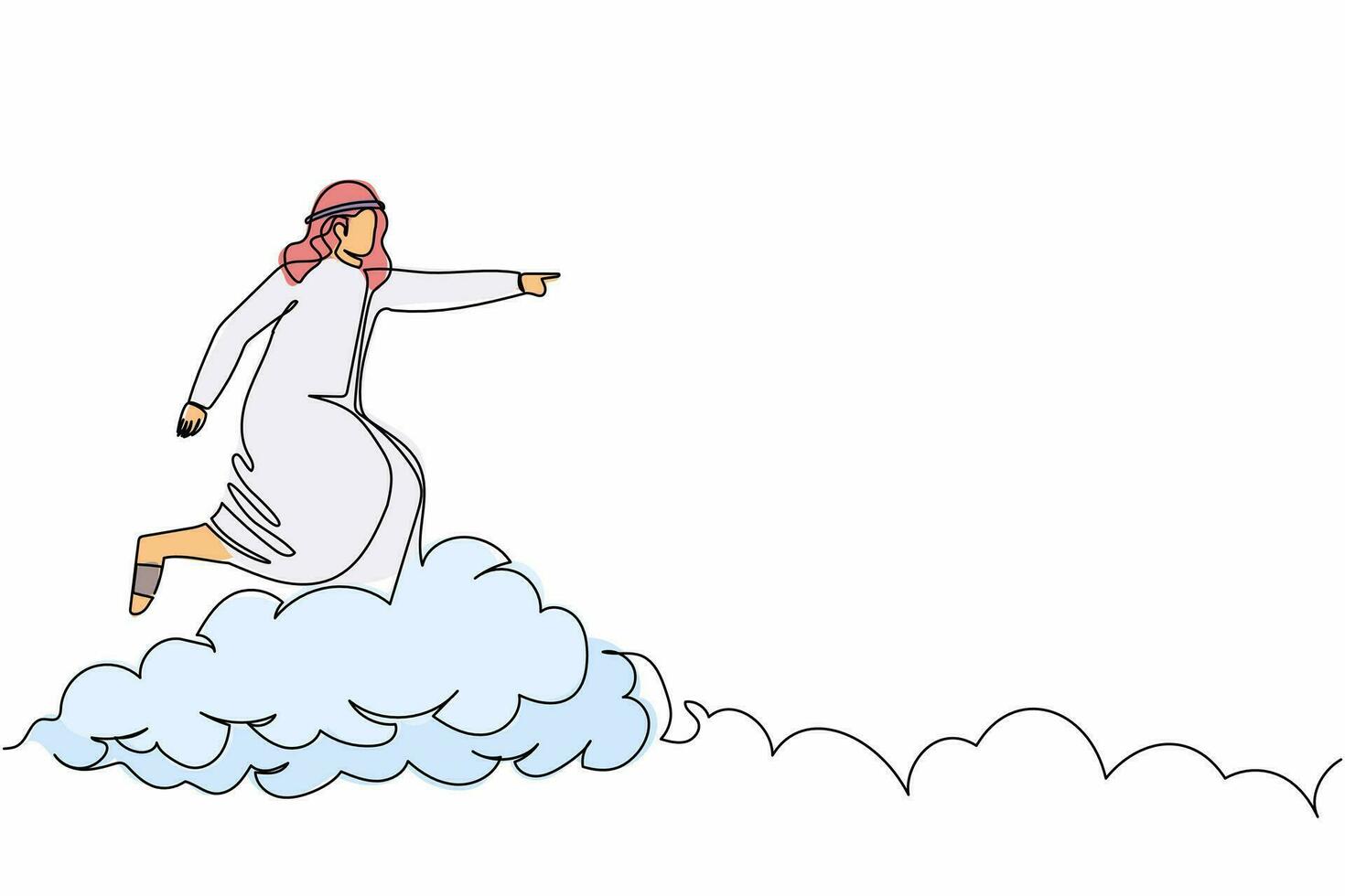 enkele een lijntekening Arabische zakenman die een wolk aan de hemel berijdt, naar voren wijst, ga naar toekomstige improvisatie. manager op cloudweg naar succes. doorlopende lijn tekenen ontwerp grafische vectorillustratie vector