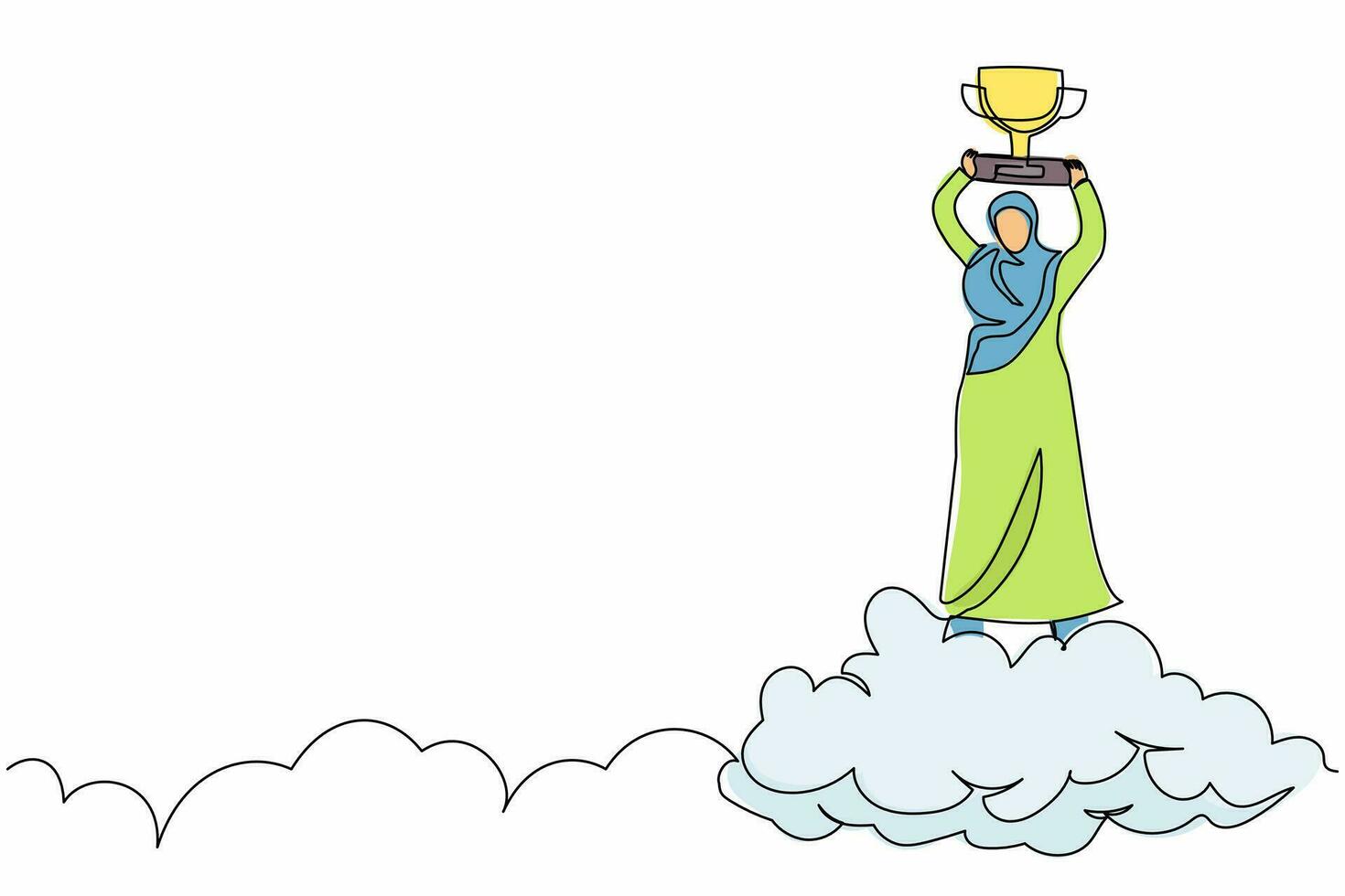 enkele een lijntekening Arabische zakenvrouw met trofee in de wolk. zakelijke succes doel bereiken. het vieren van winnende prijscompetitie. ononderbroken lijn tekenen ontwerp grafische vectorillustratie vector