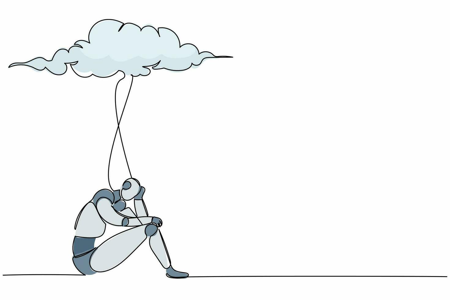 enkele doorlopende lijntekening ongelukkige robot die stress en verdrietig voelt. zittend onder regenwolk. robot kunstmatige intelligentie. elektronische technologie-industrie. één lijn tekenen ontwerp vectorillustratie vector