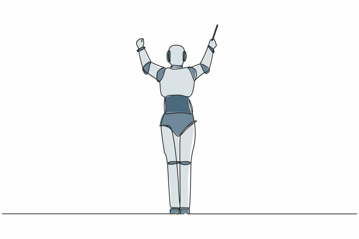 continu één lijntekening achteraanzicht van robotdirigent die op het podium optreedt en het symfonieorkest regisseert. humanoïde robot cybernetisch organisme. enkele lijn tekenen ontwerp vector grafische afbeelding