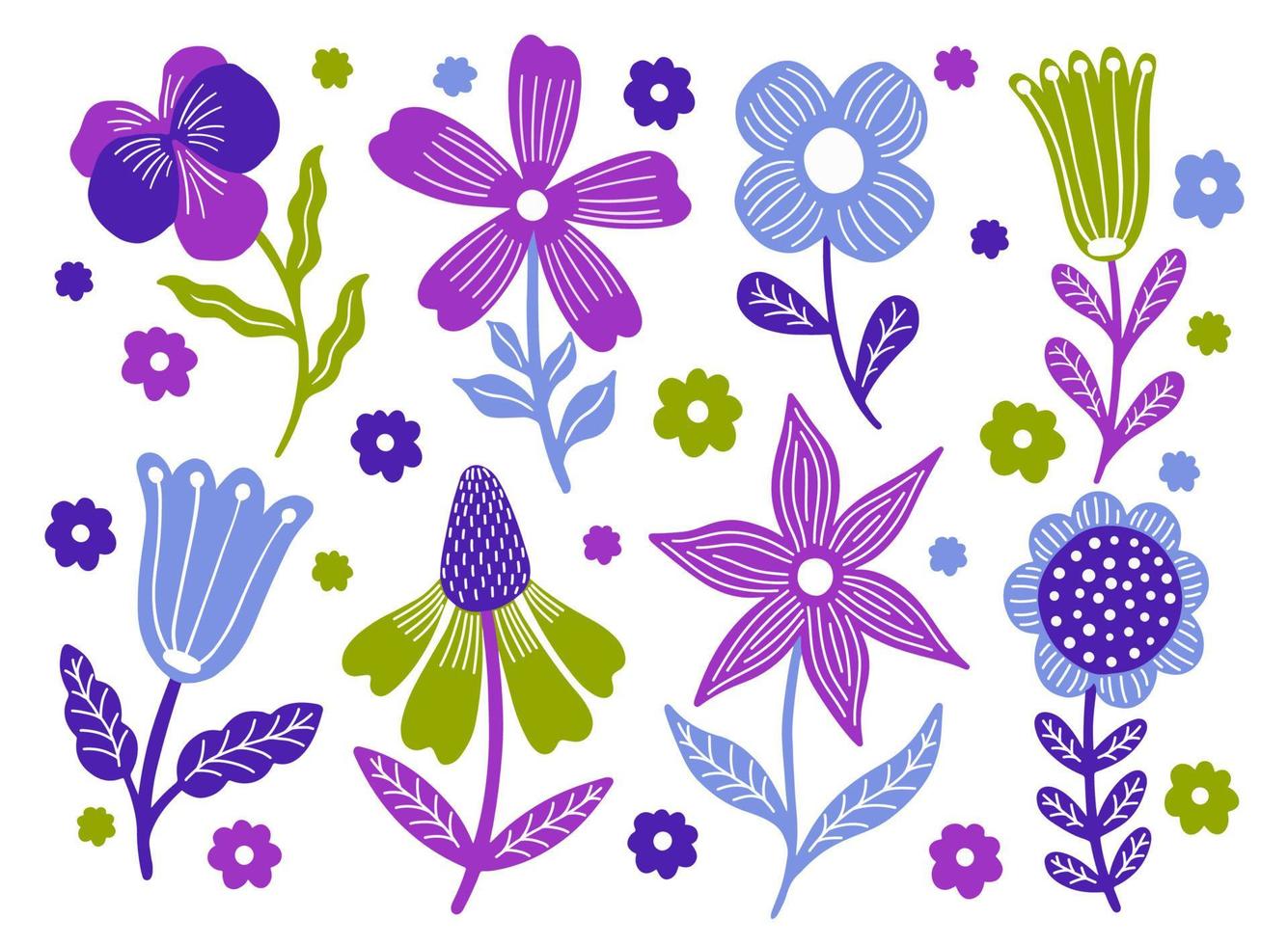 bloem set zomer. naïeve eenvoudige stijl. plant en bladeren element.floral collectie. vector