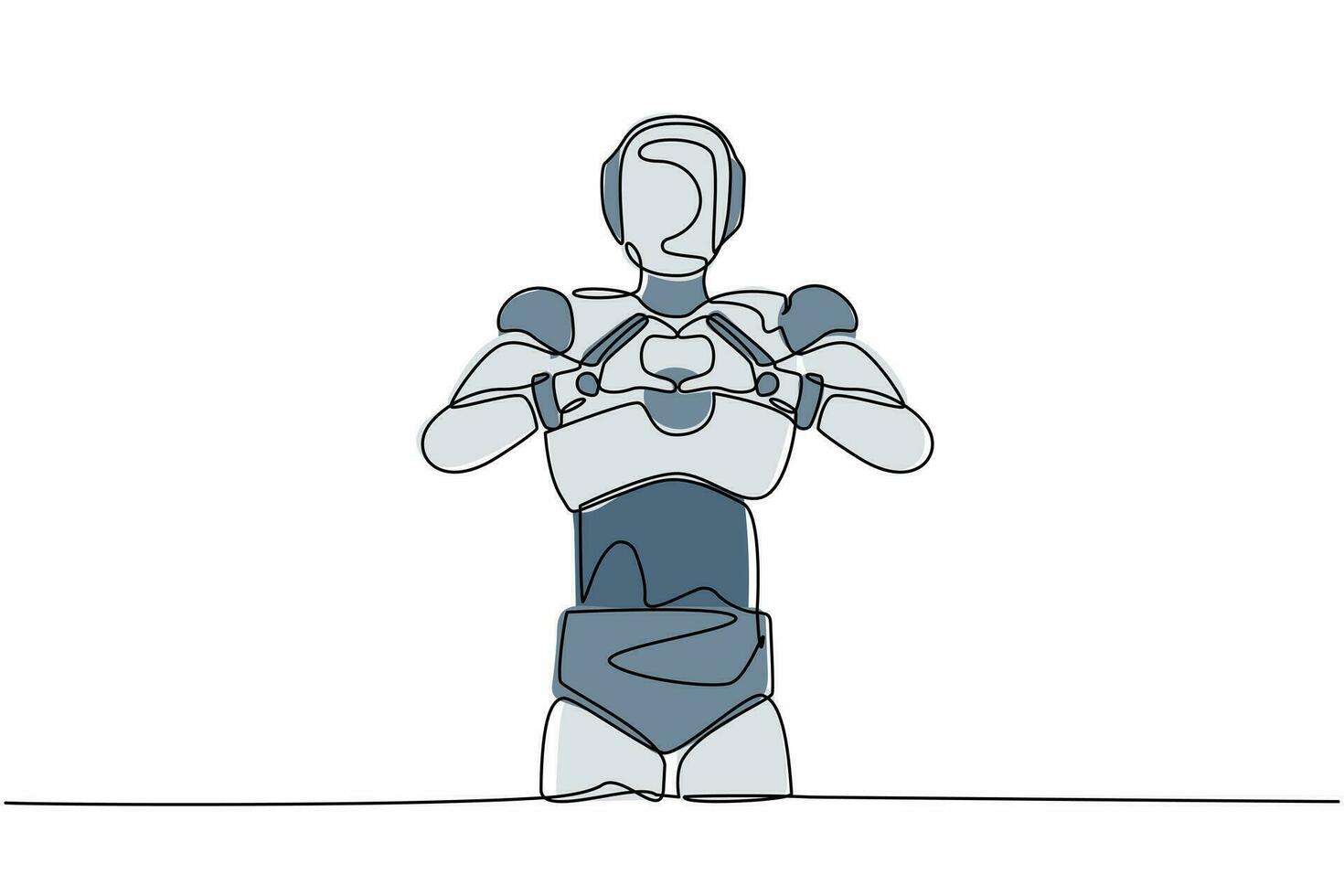 doorlopend een lijn tekening robot staand met maken liefde teken, hart symbool in voorkant van borst. humanoid cybernetisch organisme. toekomst robot ontwikkeling. single lijn trek ontwerp vector illustratie