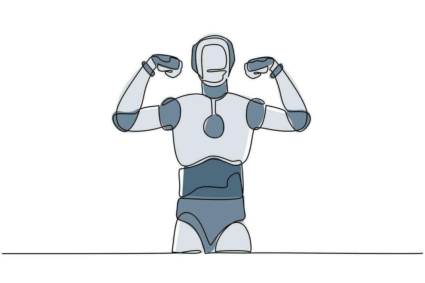 single doorlopend lijn tekening robot staand met gebaren twee hand- vuist omhoog. sterk humanoid robot cybernetisch organisme. robot kunstmatig intelligentie. een lijn grafisch ontwerp vector illustratie